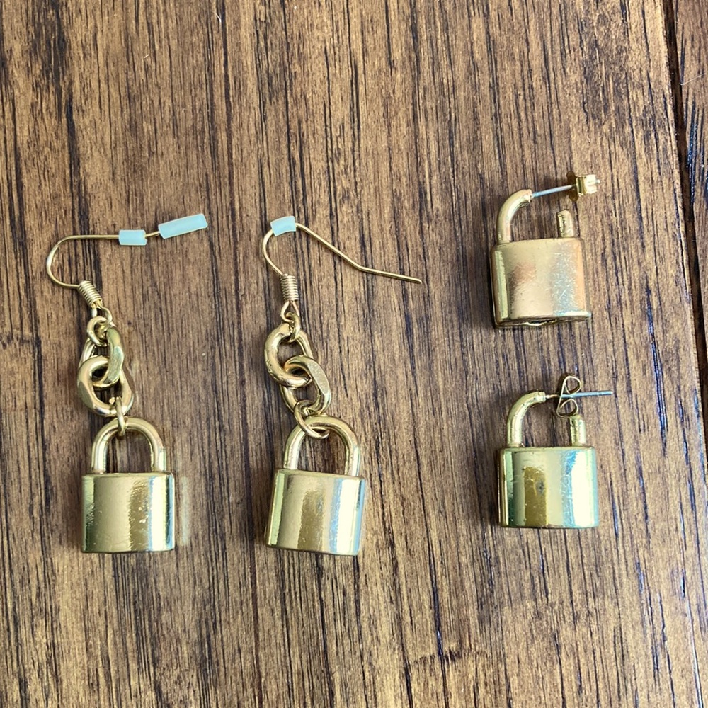 Gold Padlock Earring Set